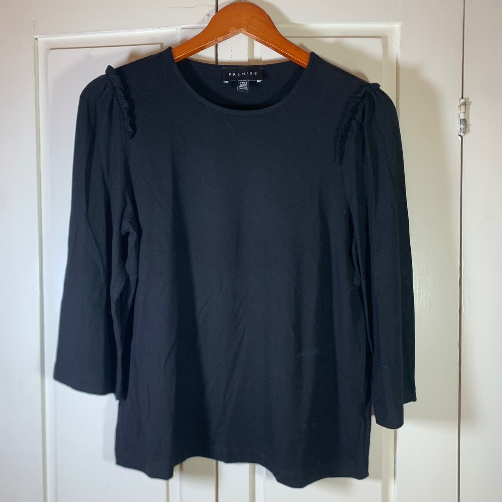 Premise Black Ruffle Shoulder Crew Neck 3/4 Sleeve Knit Top Womens Size Medium